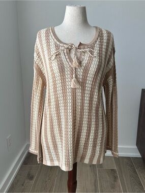 Cato Striped Crochet Tassel Tie Pullover in Beige and Cream